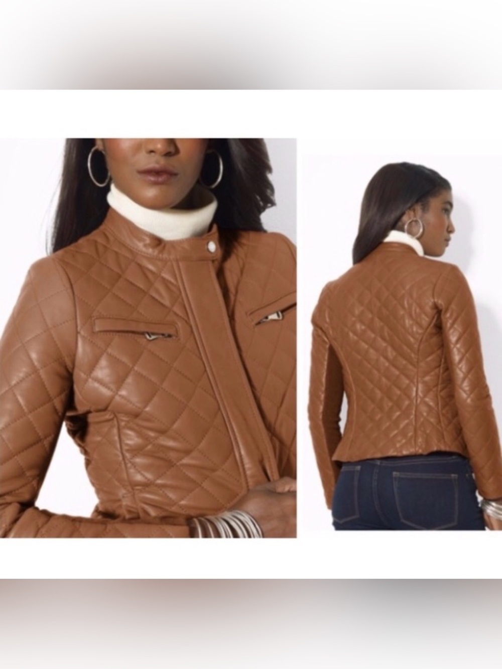 Lauren Ralph Lauren Tan Quilted Leather Biker Jacket